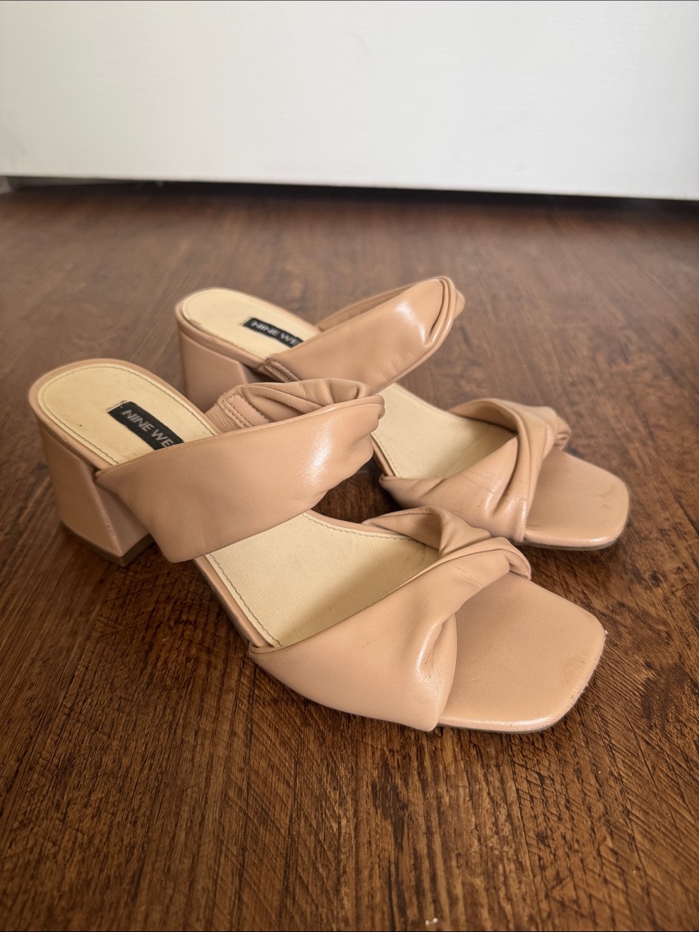 Nine West Tan Knotted Double-Strap Block Heels